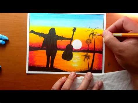 como desenhar a paisagem do pôr do sol Uma garota com guitarra