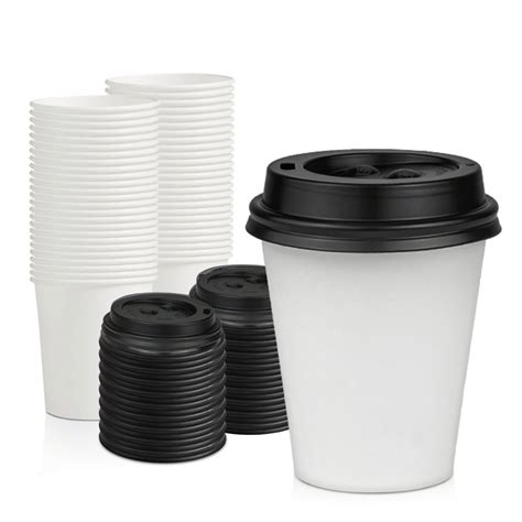 100 Pack 6 Oz Disposable White Paper Cups With Black Lids On The Go