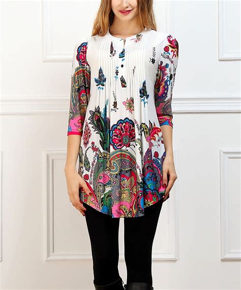 Reborn Collection White And Pink Floral Paisley Notch Neck Tunic