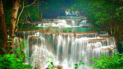 Tropics Cascade Waterfalls Green Trees Huay Maekamin Waterfall Kanchanaburi Waterfall Thailand