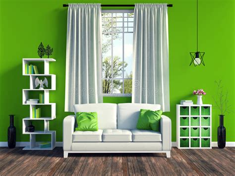 Modern Green Living Room Interior With White Sofa And