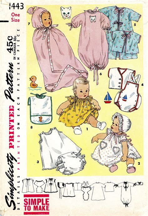 A Vintage 1950s Pattern Simplicity 1443 Baby Pajamas Dress Bonnet