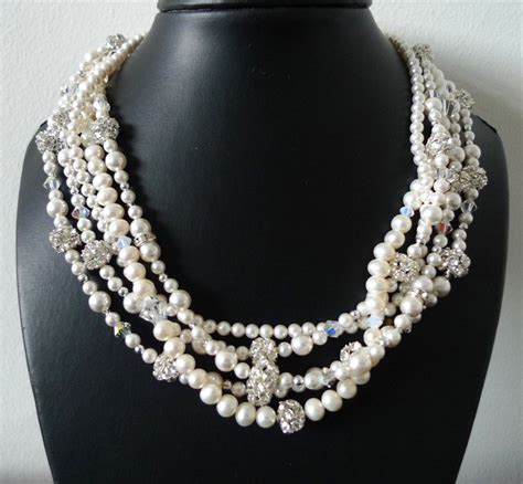 Multi Strand Pearl Necklace Chunky White Pearl Bridal Necklace Vintage Inspired Twisted