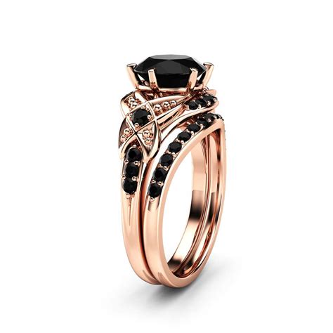 Black Diamond Engagement Ring Set 14k Rose Gold Matching Rings With