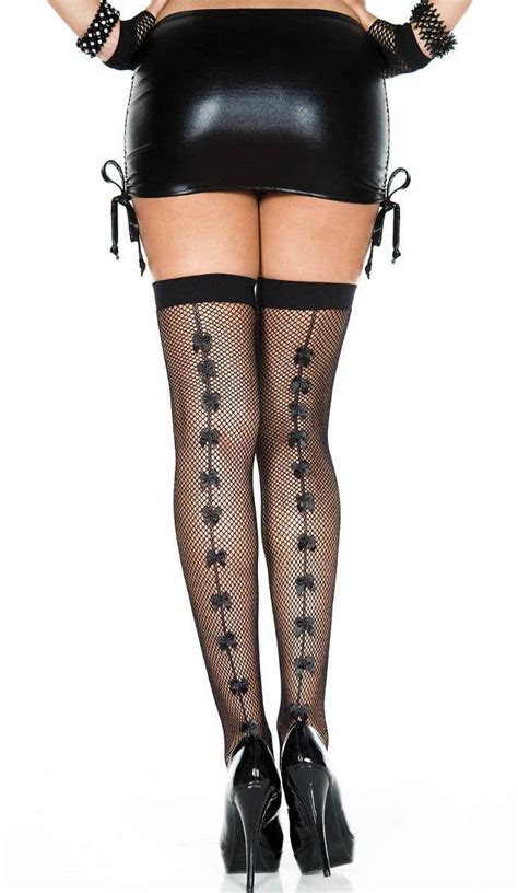 Black Fishnet Thigh Highs With Bow Back Seam