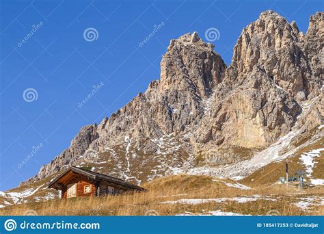 Hut At The Foot Of The Dolomite Mountain Range Cirspitzen Stock Image