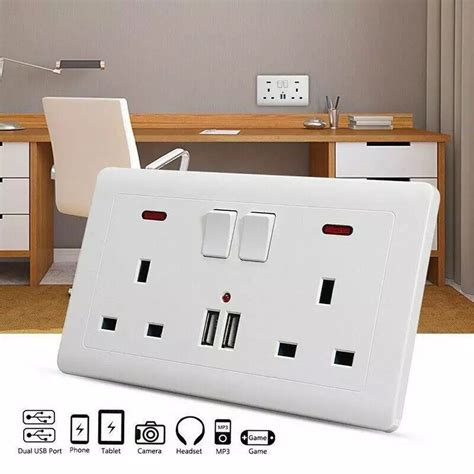 Double Wall Plug Socket With 2 Usb Charger Port Outlets Plate Ac Power