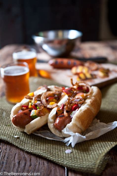 Beer Brat Dogs With Grilled Peach Salsa And Fried Onions Hot Dog