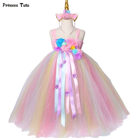Girls Unicorn Tutu Dress Pastel Rainbow Princess Flower Girl Party