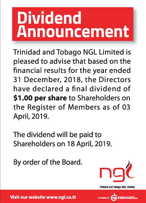 The nok dividend per share is based on average usdnok fixing rate from norges bank in the period plus/minus three business days from record date 20 august 2019, in total seven. TTNGL: Dividend Announcement | NGC