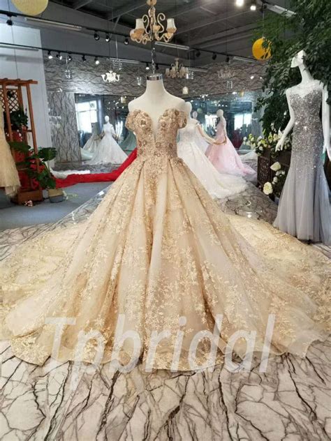 Gold Lace Prom Dress Haute Couture Wedding Dress Sale