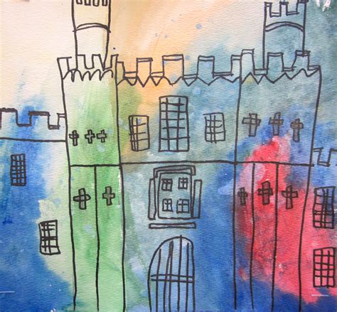 2) from the middle of the rectangle, draw one vertical and one horizontal line mark off the width and height of the picture. Art is Basic-- Art Teacher Blog: Castles with Pen and ...
