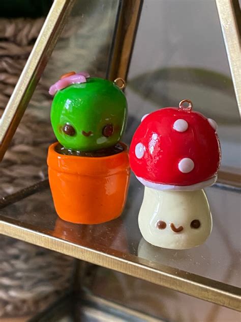 A Cute Mushroom And Cactus Kawaii Charm Polymer Clay Charms Handmade