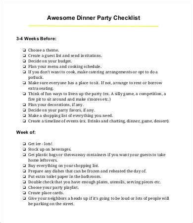 Use this checklist to start planning three weeks out so that you'll be calm, cool, and collected when your guests arrive, knowing that each detail has been taken care of. Party Checklist Template - 12+ Free Word, PDF Documents ...