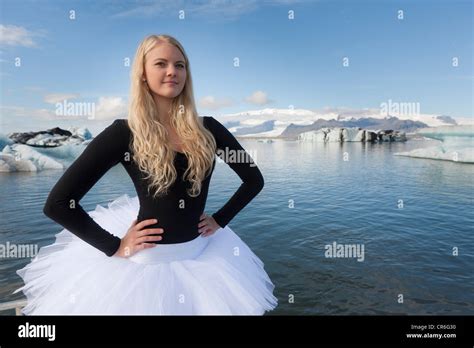 Teenage Girl Modeling At Jokulsarlon Glacial Lagoon Iceland Stock