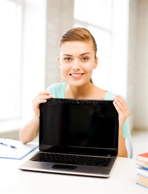 Smiling Student Girl With Laptop At School Stock Photo Image Of Home