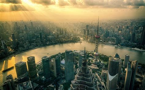 Shanghai China City Skyscrapers Tower River Dawn Sunrise