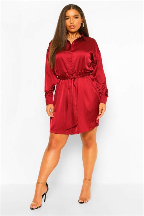 women s plus satin belted shirt dress boohoo uk