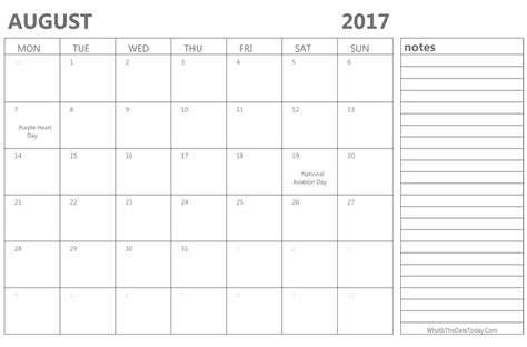 Editable August 2017 Calendar With Holidays And Notes