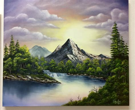 A Painting Of A Mountain With A River Running Through It