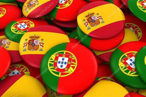 Spain And Portugal Badges Background Pile Of Spanish And Portuguese Flag Buttons 3d