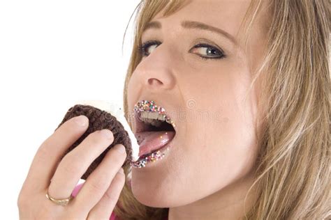 Woman Licking Cupcake Looking Stock Photo Image Of Decoration White
