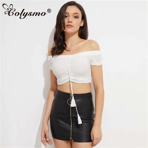 Colysmo Stretchable Off Shoulder Lift Up Drawstring Women Pleated Mesh Tank Tops Ruched Crop Top