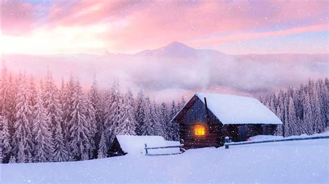 Snowy Landscape And Cozy Cabin Screensaver