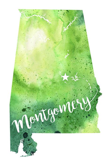 Alabama Watercolor Map Montgomery Hand Lettering Painting By Andrea