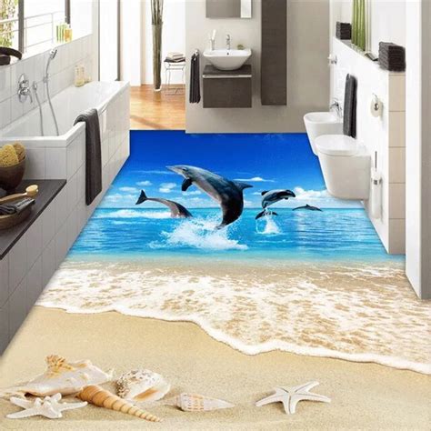 Custom 3d Floor Murals Wallpaper Beach Dolphin Entrance Backdrop