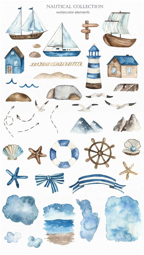 Nautical Watercolor Collection Clipart Of Maritime Transport Etsy