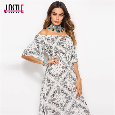 Jastie 2018 Summer Bohemian Dress Floral Print Casual Beach Dresses