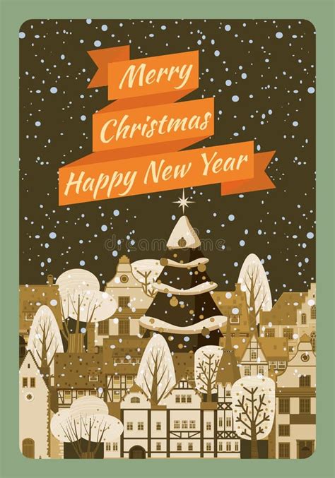 Merry Christmas And Happy New Year Poster Winter Old Town Cityscape