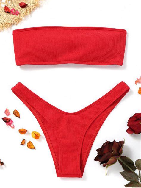 30 Off Hot 2019 High Cut Ribbed Bandeau Bikini Set In Red Zaful