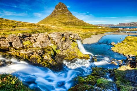 Iceland Landscape Summer Panorama Kirkjufell Mountain At Dusk With