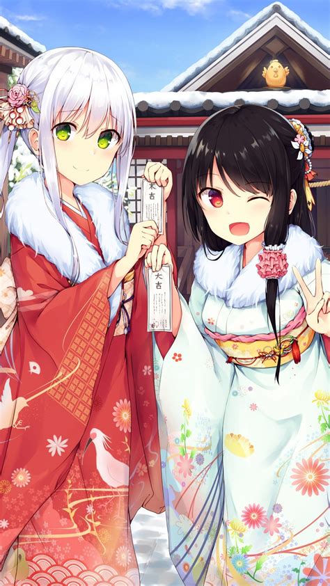 Download 1080x1920 Anime Girls Shrine Kimono White Hair Moe Cute Smiling Wallpapers For