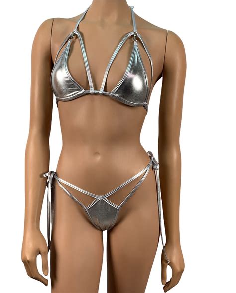 Silver G String Bikini Thong Ties Side Triangle Top Silver Swimwear