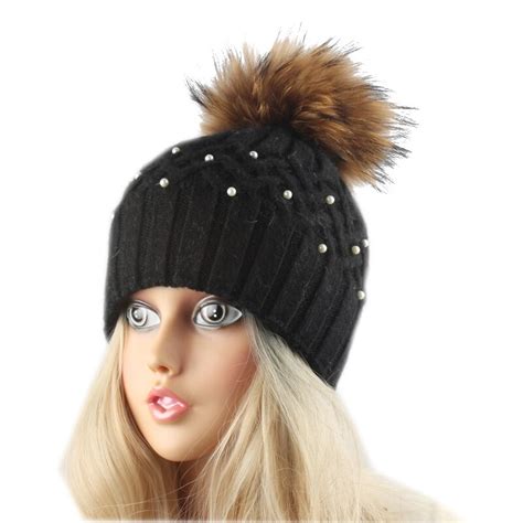 New Wool Beanies Women Real Natural Fur Pom Poms Fashion Pearl Knitted Hat Girls Female Beanie