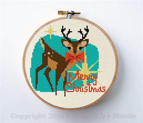 retro cross stitch pattern christmas reindeer mid century etsy cross stitch embroidery