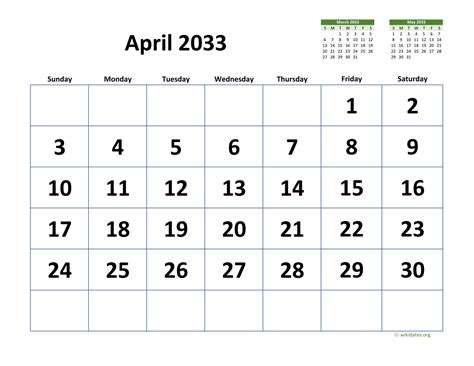 April 2033 Calendar With Extra Large Dates