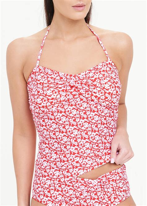 Women Papaya Holiday Swimwear Floral Halterneck Tankini Top Red