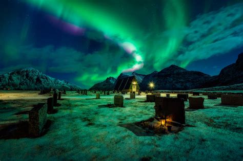 Cemetery Northern Lights Mountain Night Light Hd Wallpaper