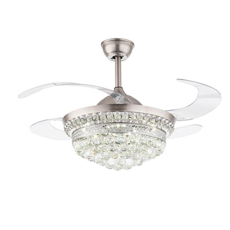 Modern Fandelier Crystal Retractable Ceiling Fans Light 3 Color And