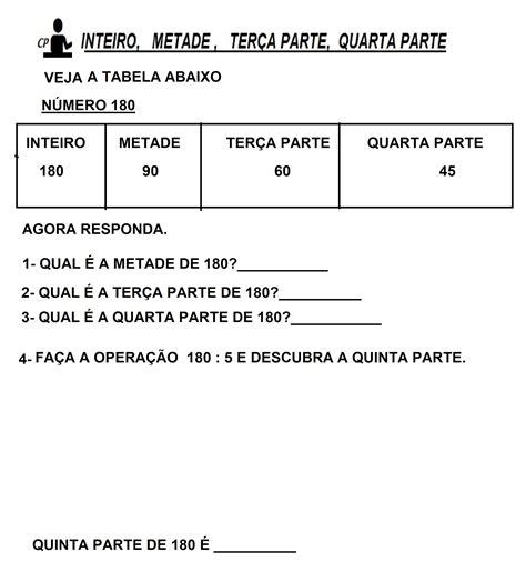 Atividades Sobre Metade Terça Parte Quarta Parte E Quinta Parte