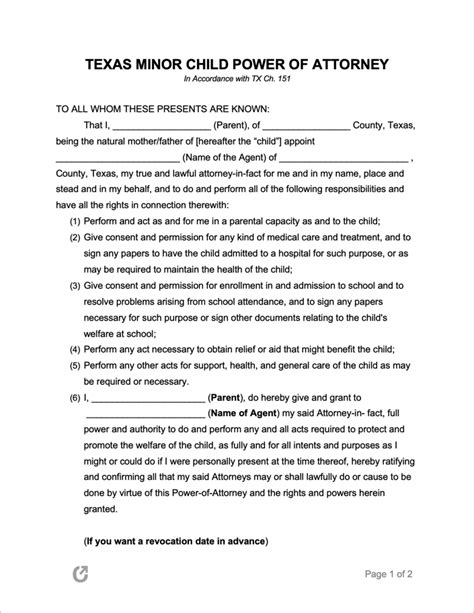 Free Texas Minor Child Power Of Attorney Form Pdf Word Krediblog