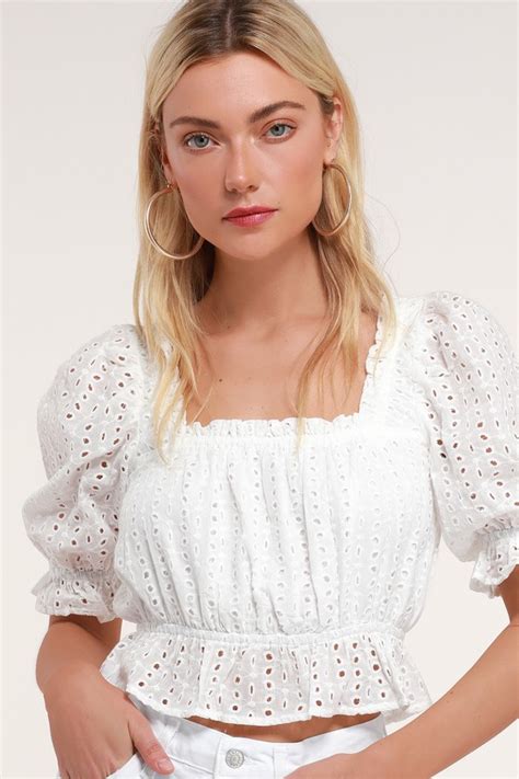 Aurora White Eyelet Lace Puff Sleeve Crop Top In 2020 Crop Top Outfits Eyelet Lace Long