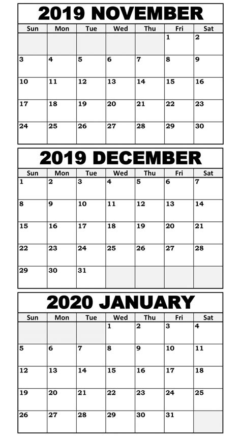 Printable Calendar November 2020 To January 2020 Calendar Printables