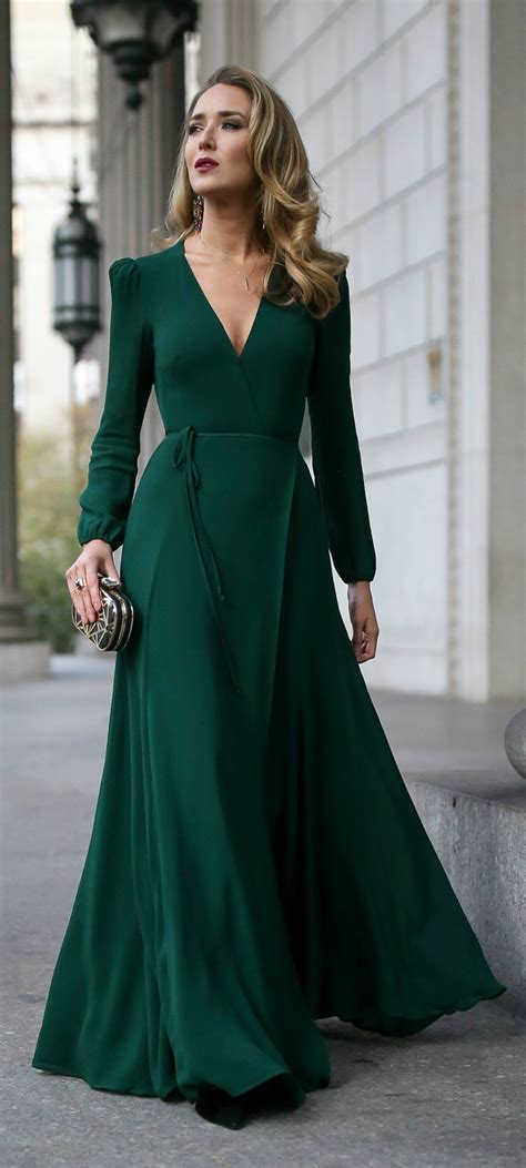 click for outfit details emerald green long sleeve floor length wrap dress black and gold