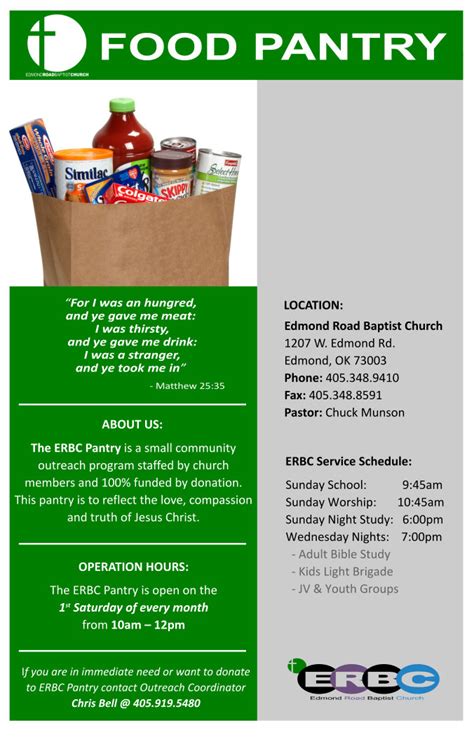 This is a local church organizing a once a month food pantry for our local community. Edmond Road Baptist Church Food Pantry Serving the Edmond ...