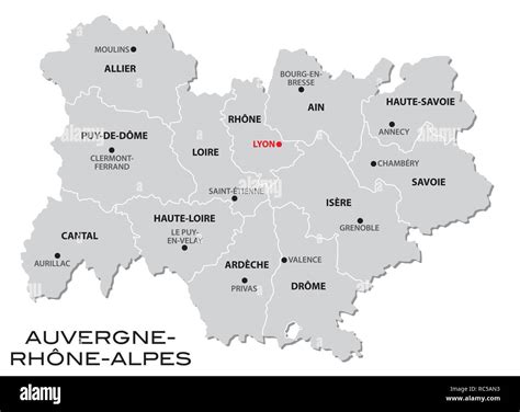 Simple Gray Administrative Map Of The New French Region Auvergne Rhone